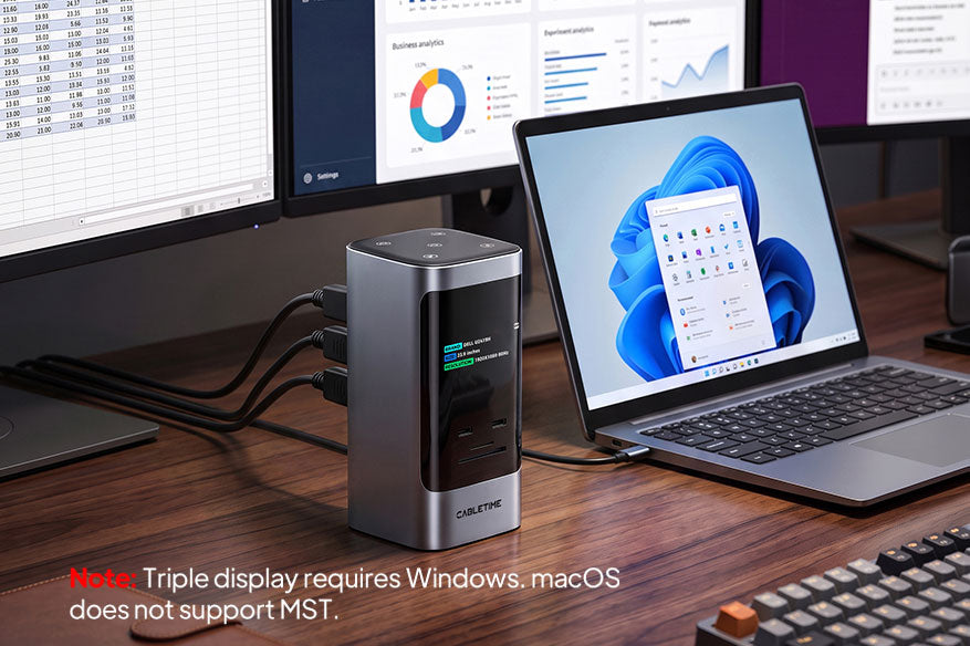 Dock connecting a compatible Windows laptop to three external monitors