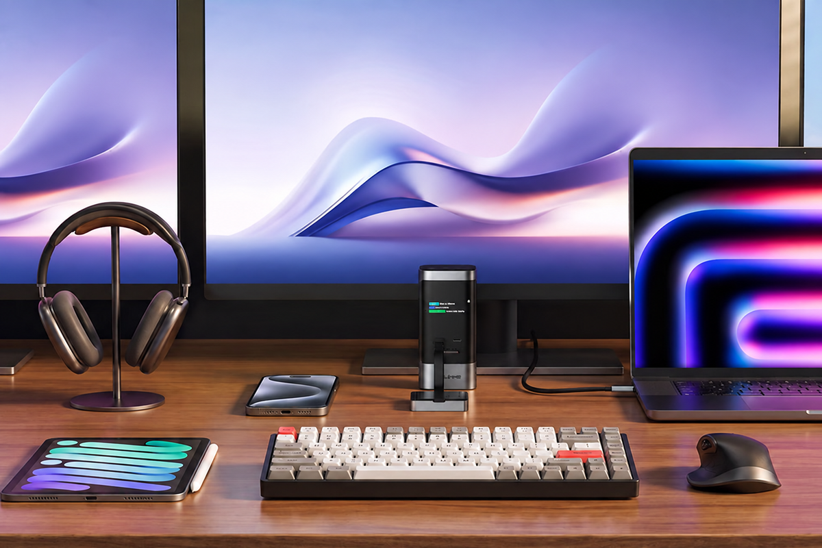 Vertical USB-C dock organizing desk connections with mirrored external displays