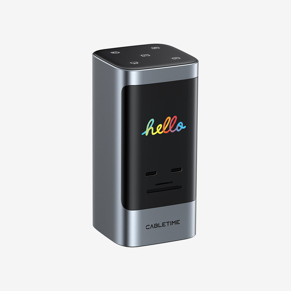 CABLETIME CB19G vertical USB-C docking station with built-in status display on a grey background
