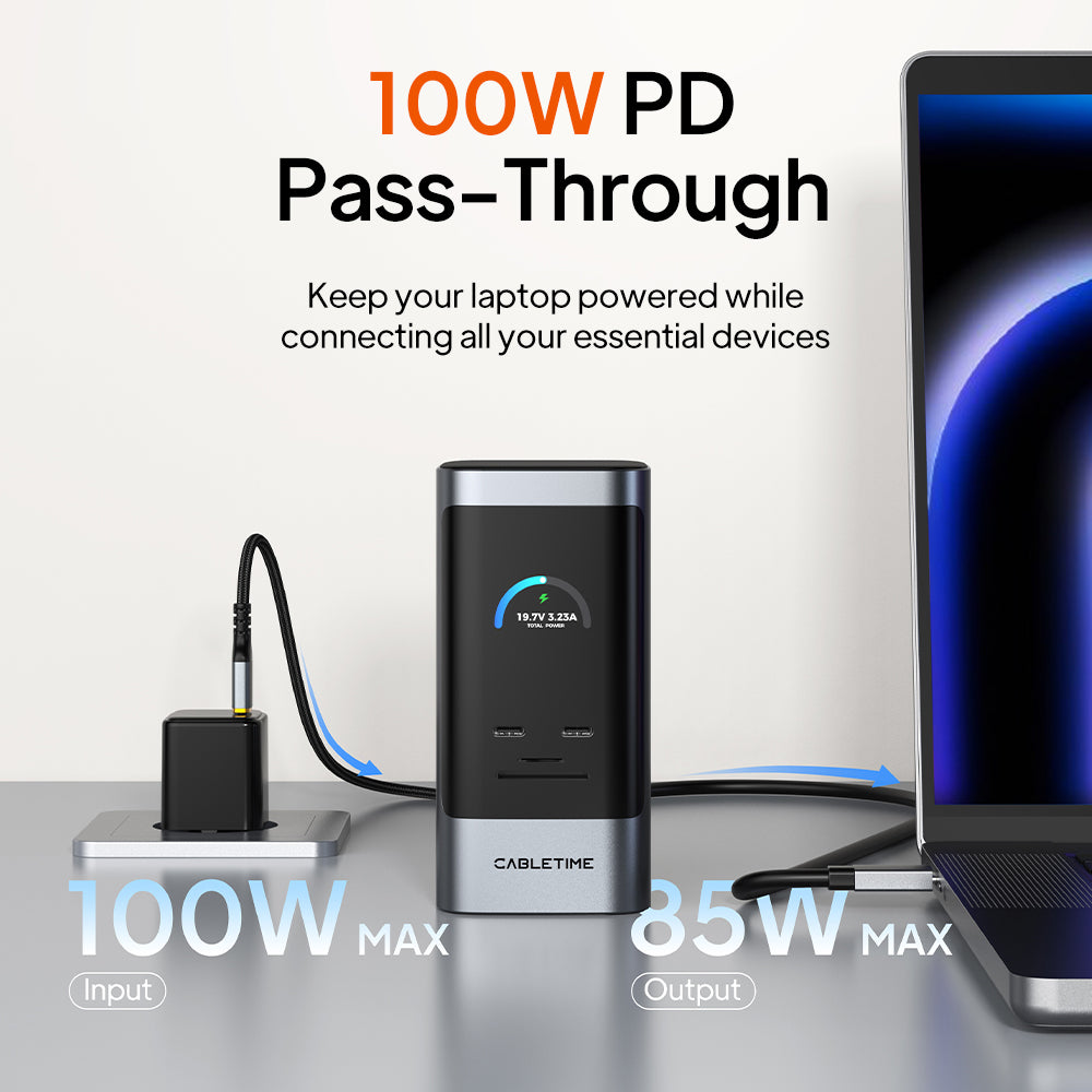 USB-C docking station with up to 100W PD input and up to 85W laptop charging