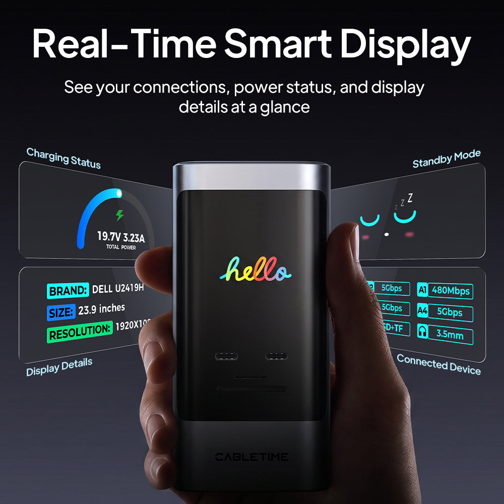 Dock screen showing charging status, connected ports and monitor information
