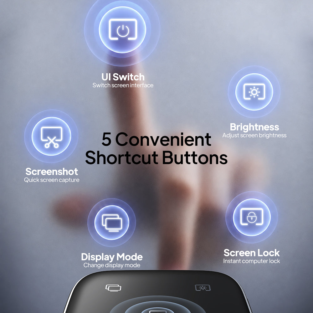 Five touch shortcuts on the dock for display mode, status pages, brightness, screenshot and computer lock
