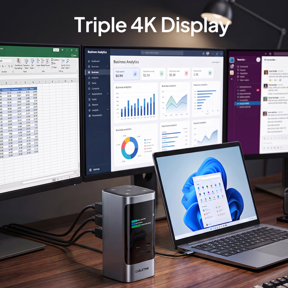 USB-C dock in a Windows workspace with three external monitors