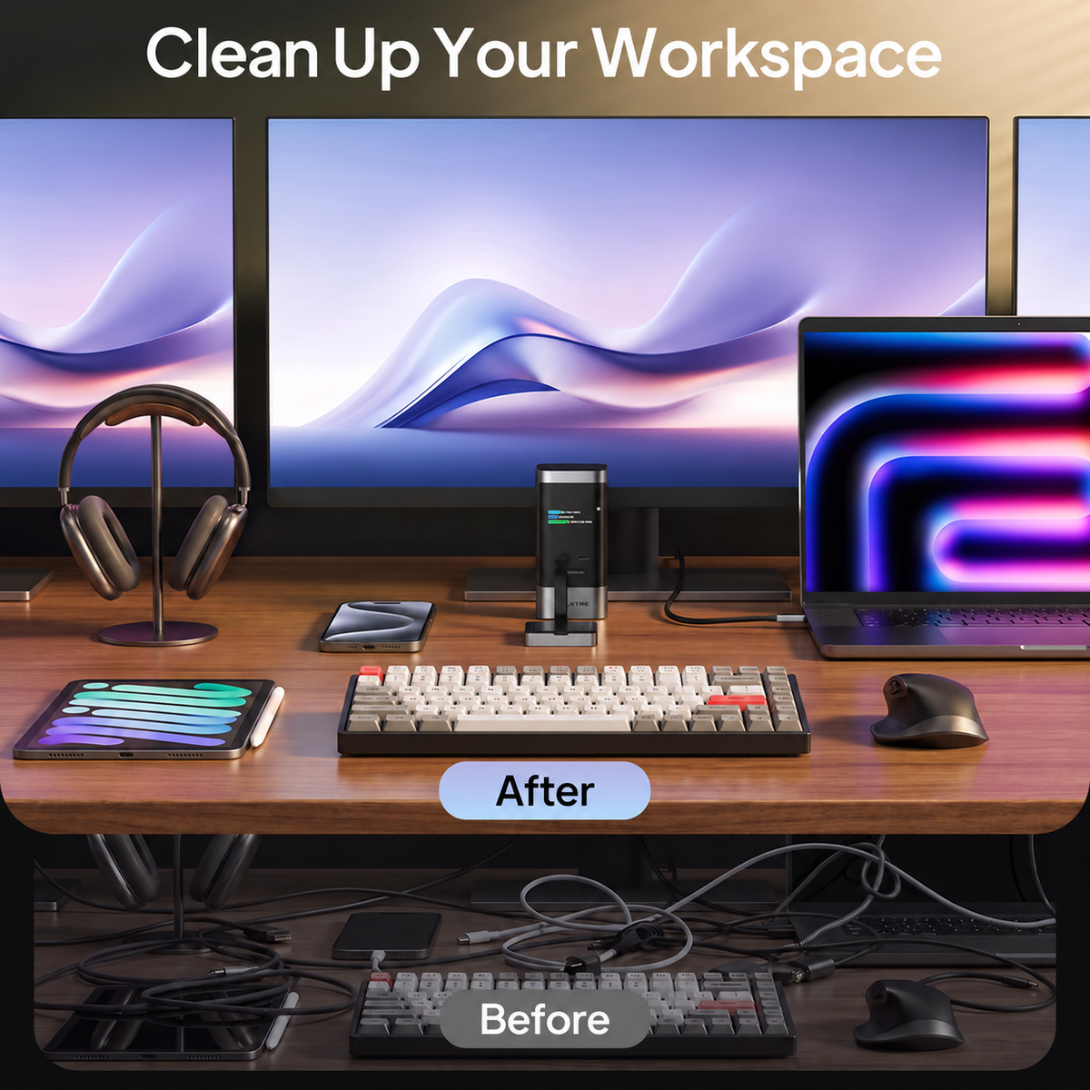 Vertical USB-C dock organizing desk connections with mirrored external displays