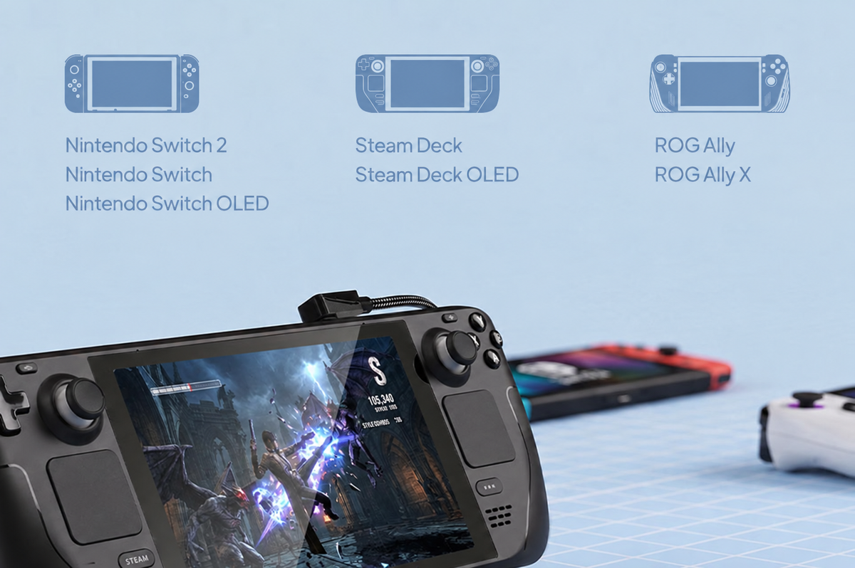 Supported Nintendo Switch, Steam Deck and ROG Ally handheld families shown with the gaming dock setup