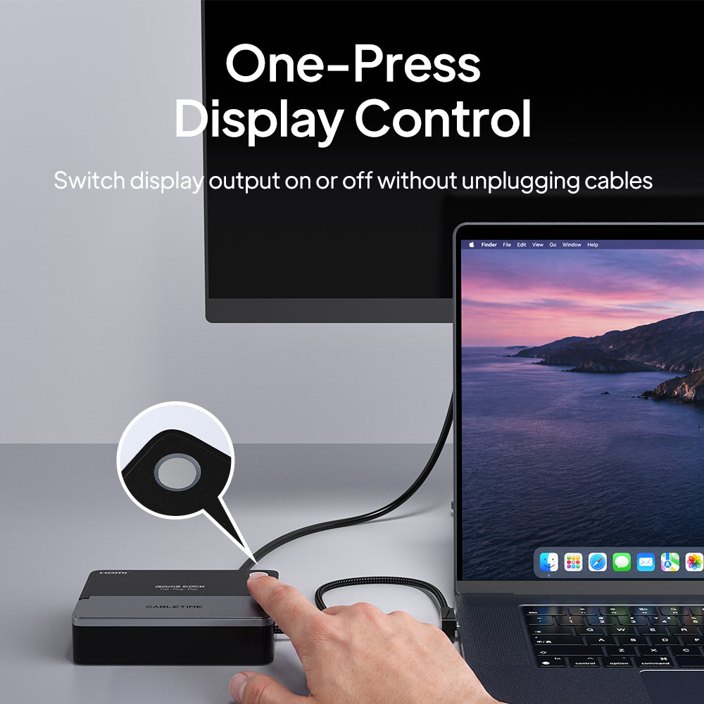 Display mode button on the CABLETIME gaming dock beside a laptop and monitor