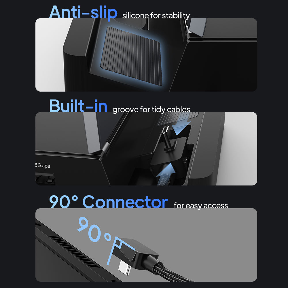 Gaming dock anti-slip pads, cable storage groove and angled USB-C connector