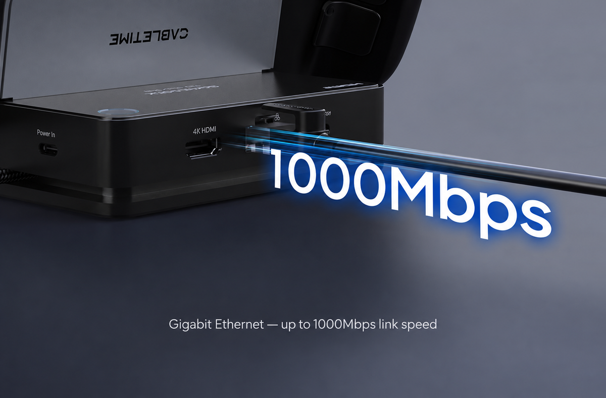 Gaming dock Ethernet port supporting up to 1000Mbps link speed