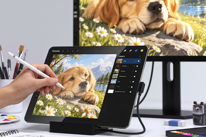 Compatible USB-C iPad connected to an external display and accessories