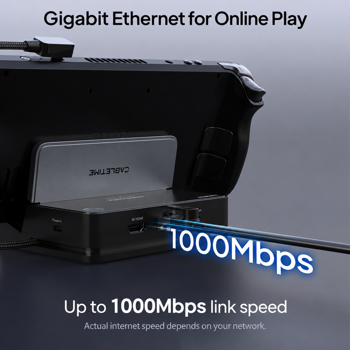Gaming dock with an Ethernet cable connected for a wired network link up to 1000Mbps