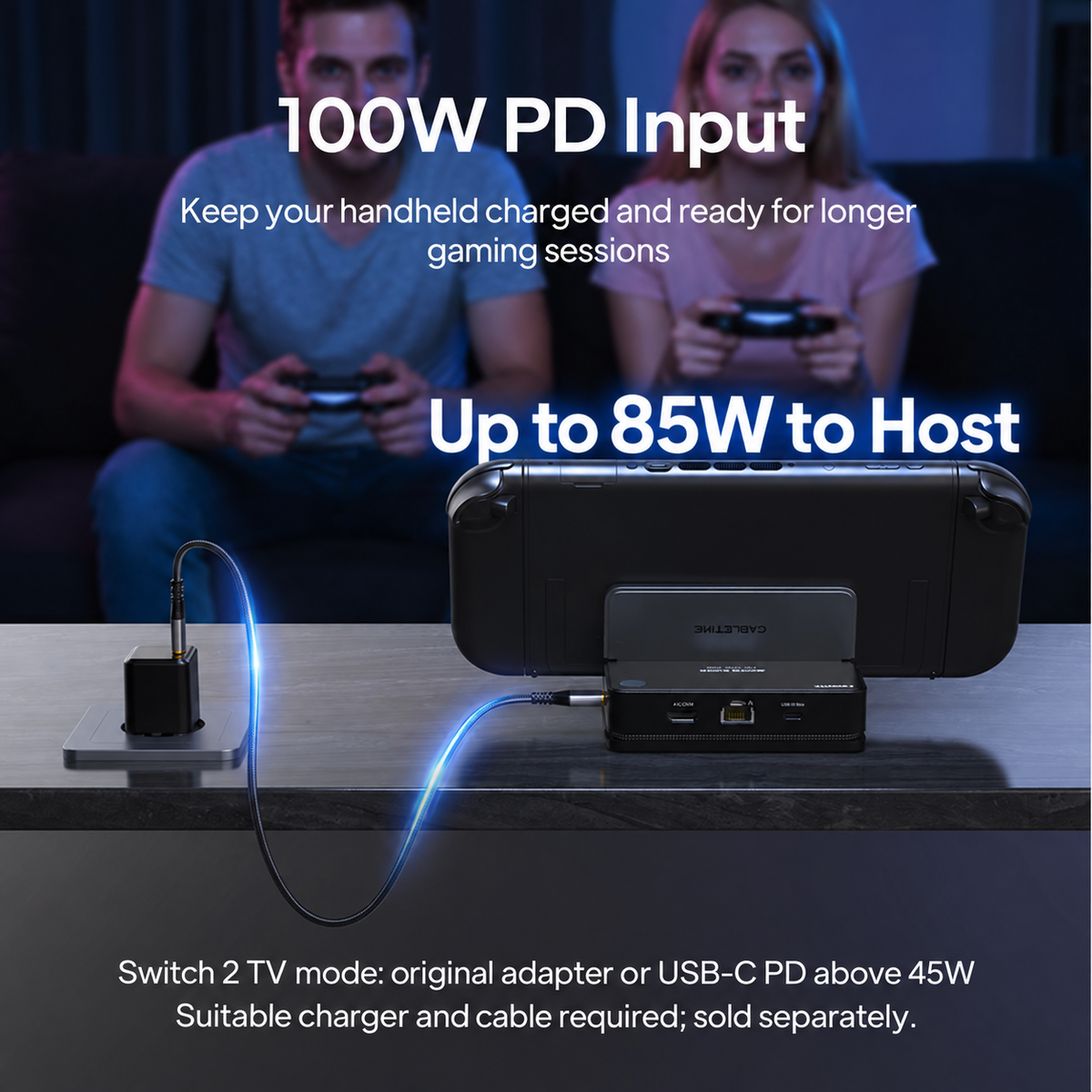 Gaming dock charging a handheld with up to 100W PD input and up to 85W host output using suitable equipment