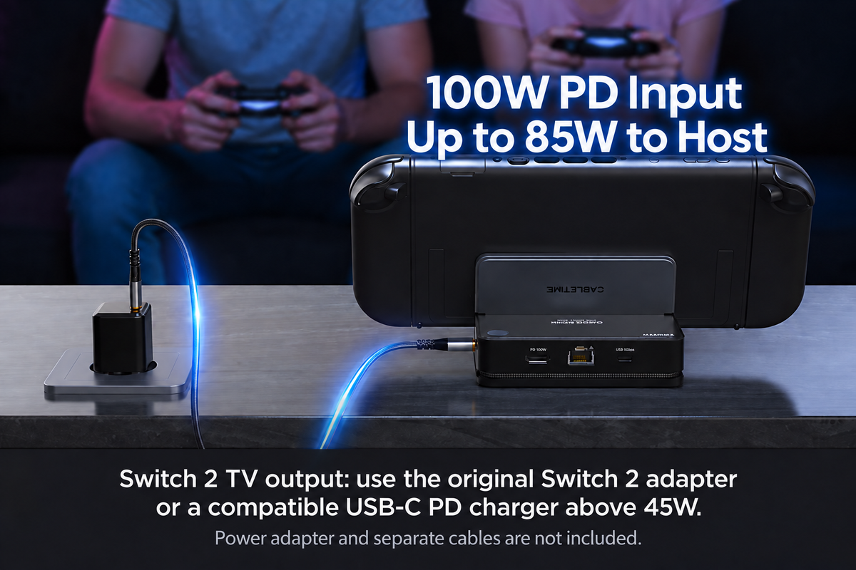 Gaming dock with up to 100W PD input and up to 85W host output; Switch 2 power supply requirements shown