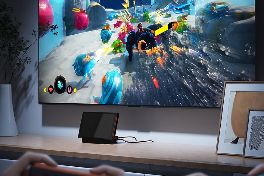Handheld gaming setup connected to a television through the dock