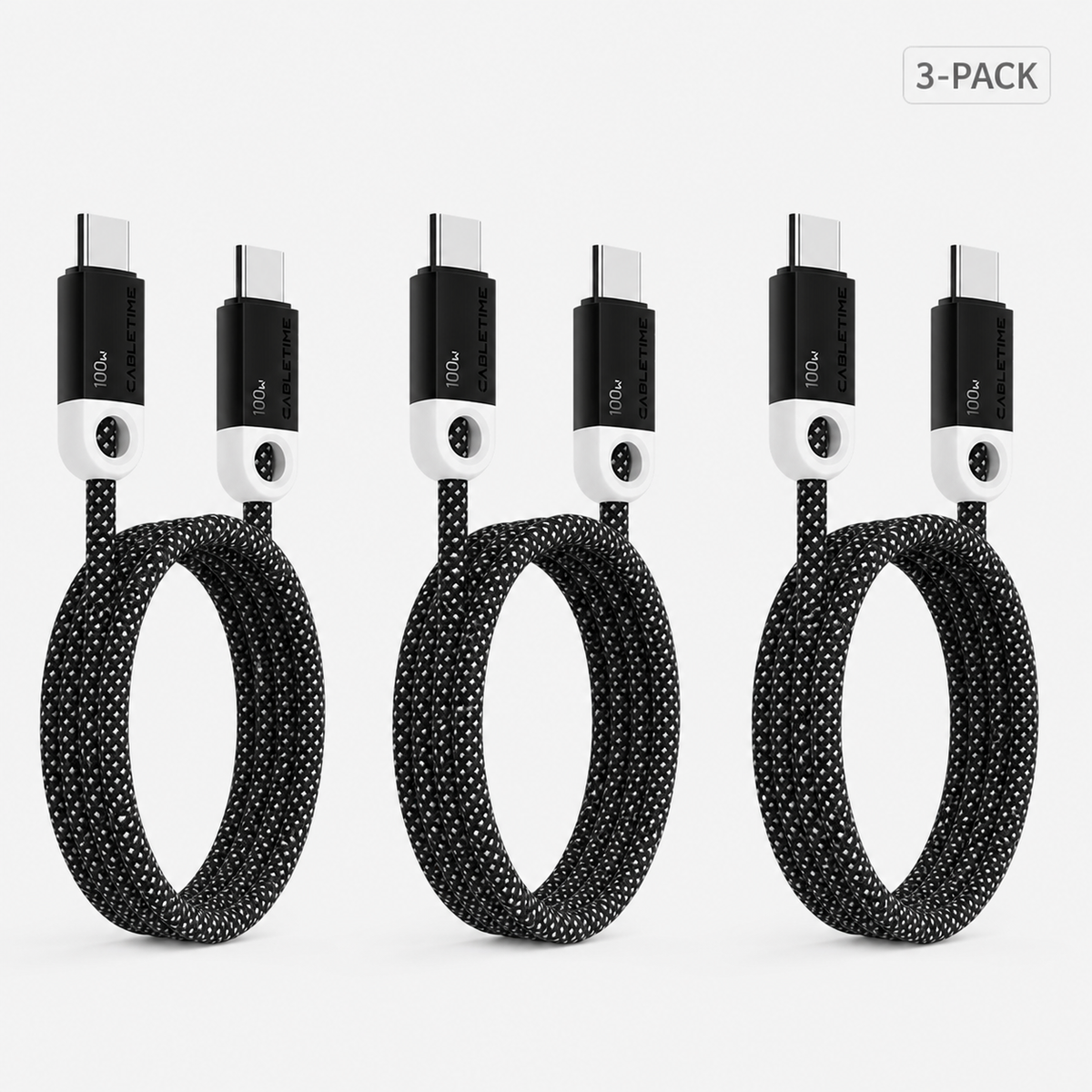 Three black CABLETIME 100W USB-C braided charging cables without cable ties, 3-pack