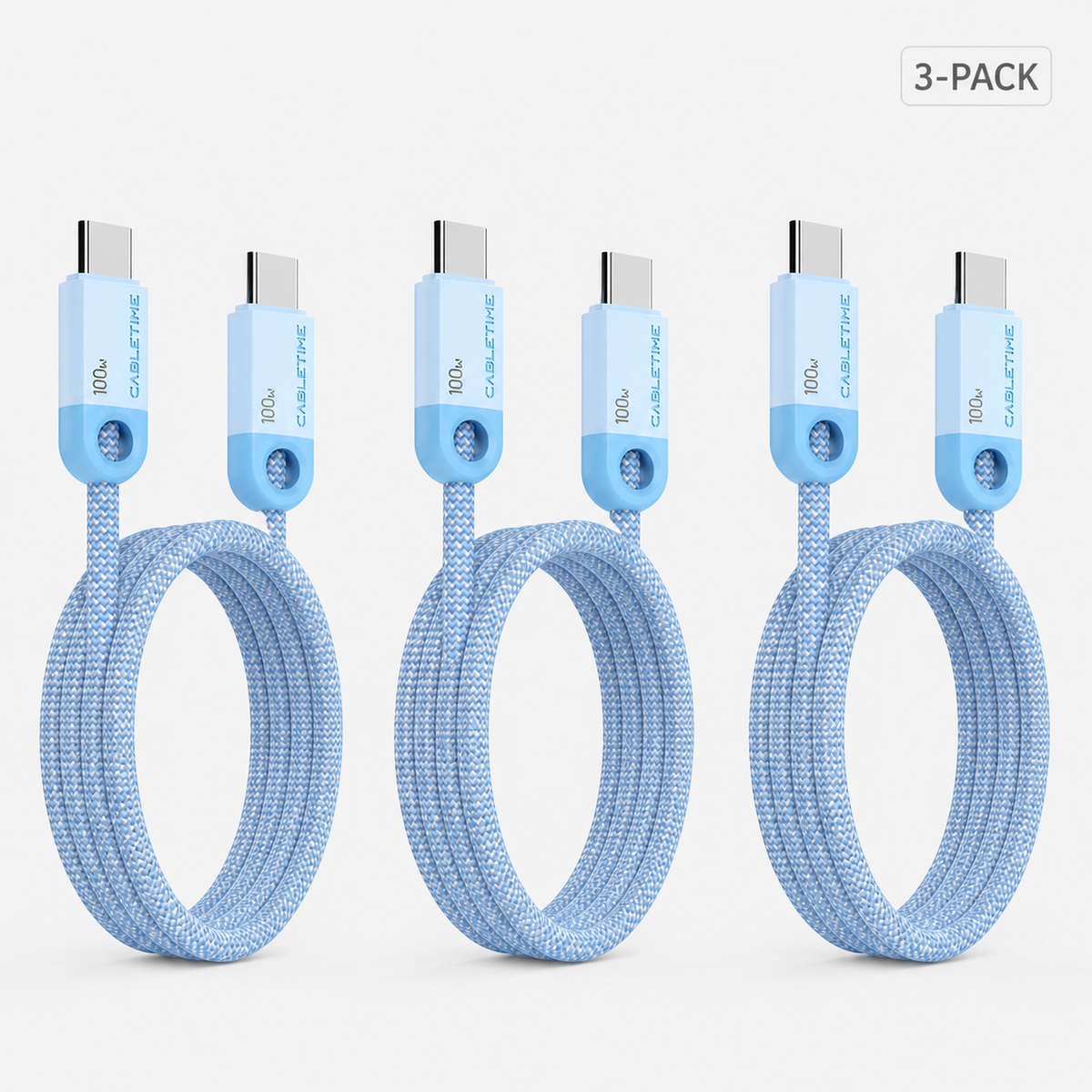 Three blue CABLETIME 100W USB-C braided charging cables without cable ties, 3-pack