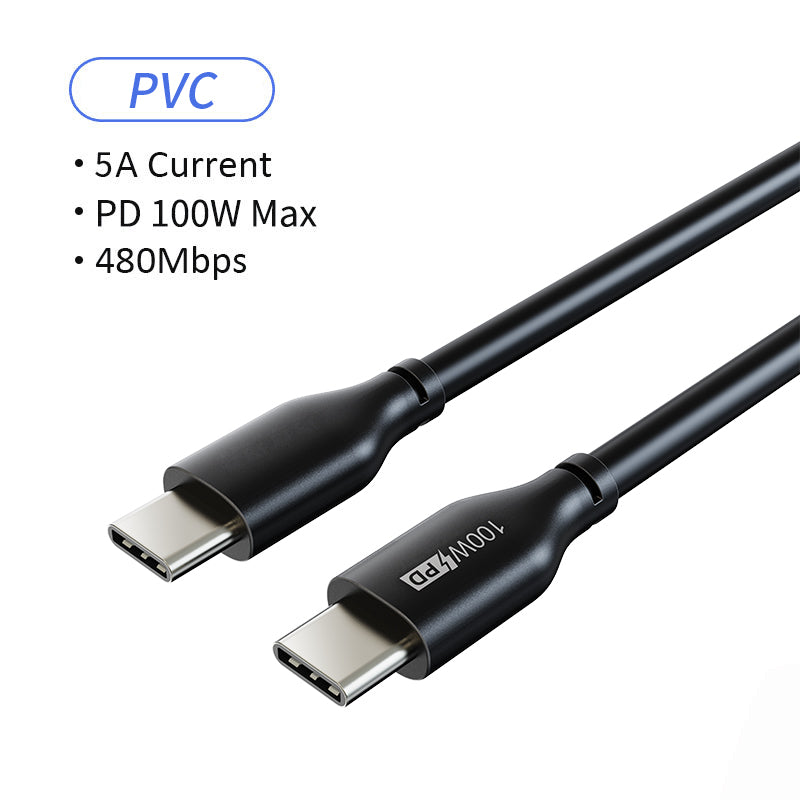 Black PVC USB-C cable with two male connectors and labels for 5A, 100W PD and 480Mbps.