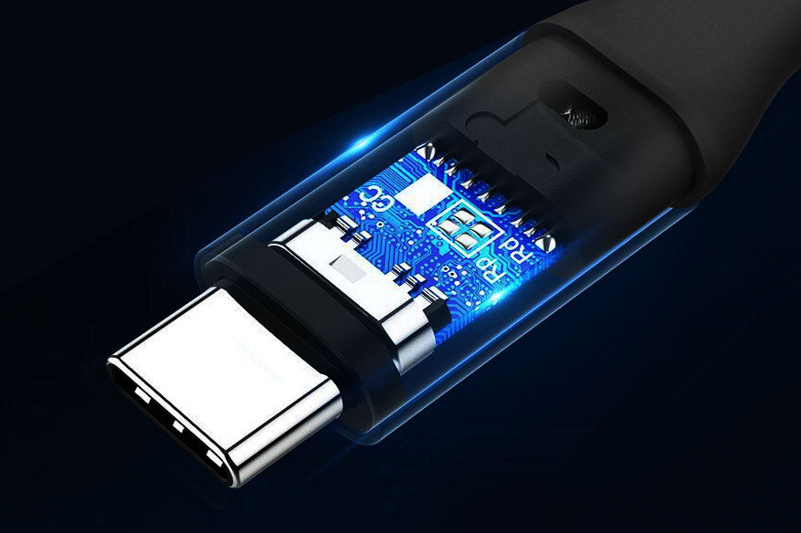 Cutaway illustration of the USB-C connector showing the cable's internal E-Marker circuit.