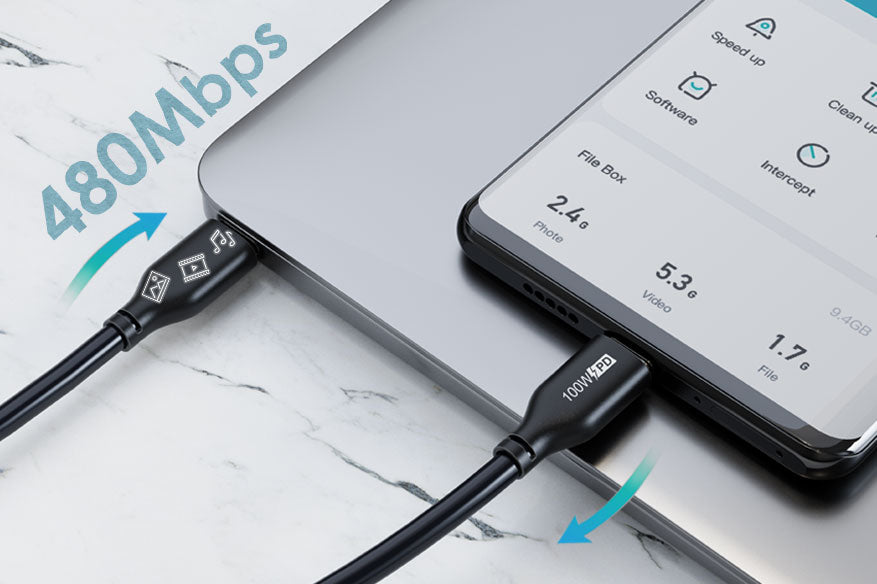 USB-C phone and laptop connected by the cable, with a 480Mbps USB 2.0 data transfer illustration.