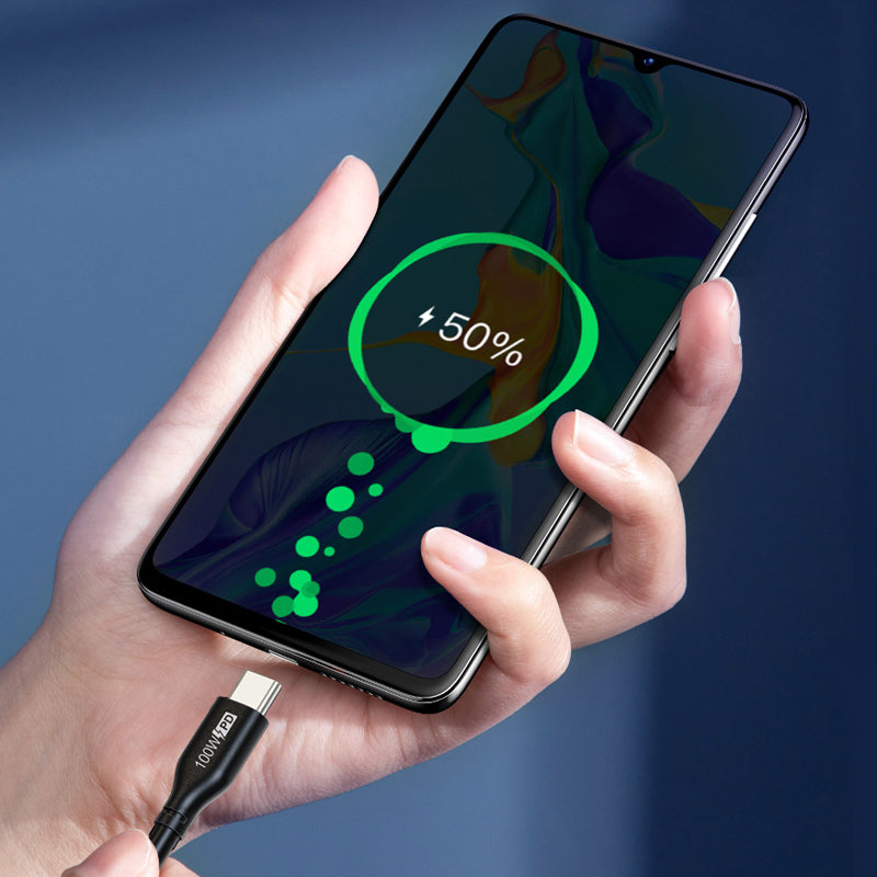 Phone connected to the black CABLETIME USB-C charging cable with its battery charging screen displayed.