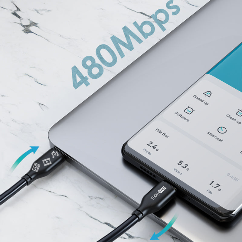 USB-C cable connecting a phone to a laptop, illustrating USB 2.0 file transfers up to 480Mbps.