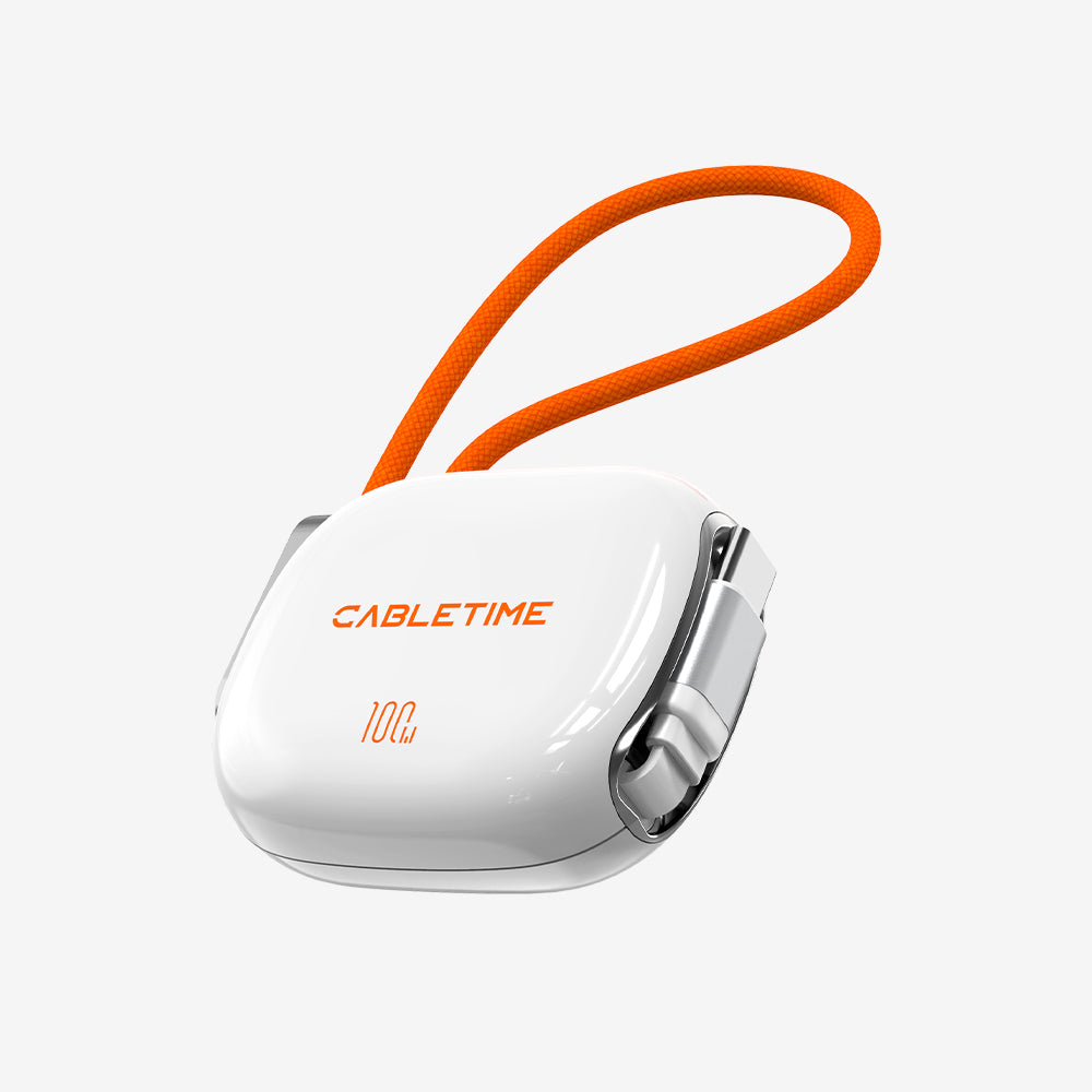 White CABLETIME retractable USB-C cable with an orange carry loop on a light grey background.