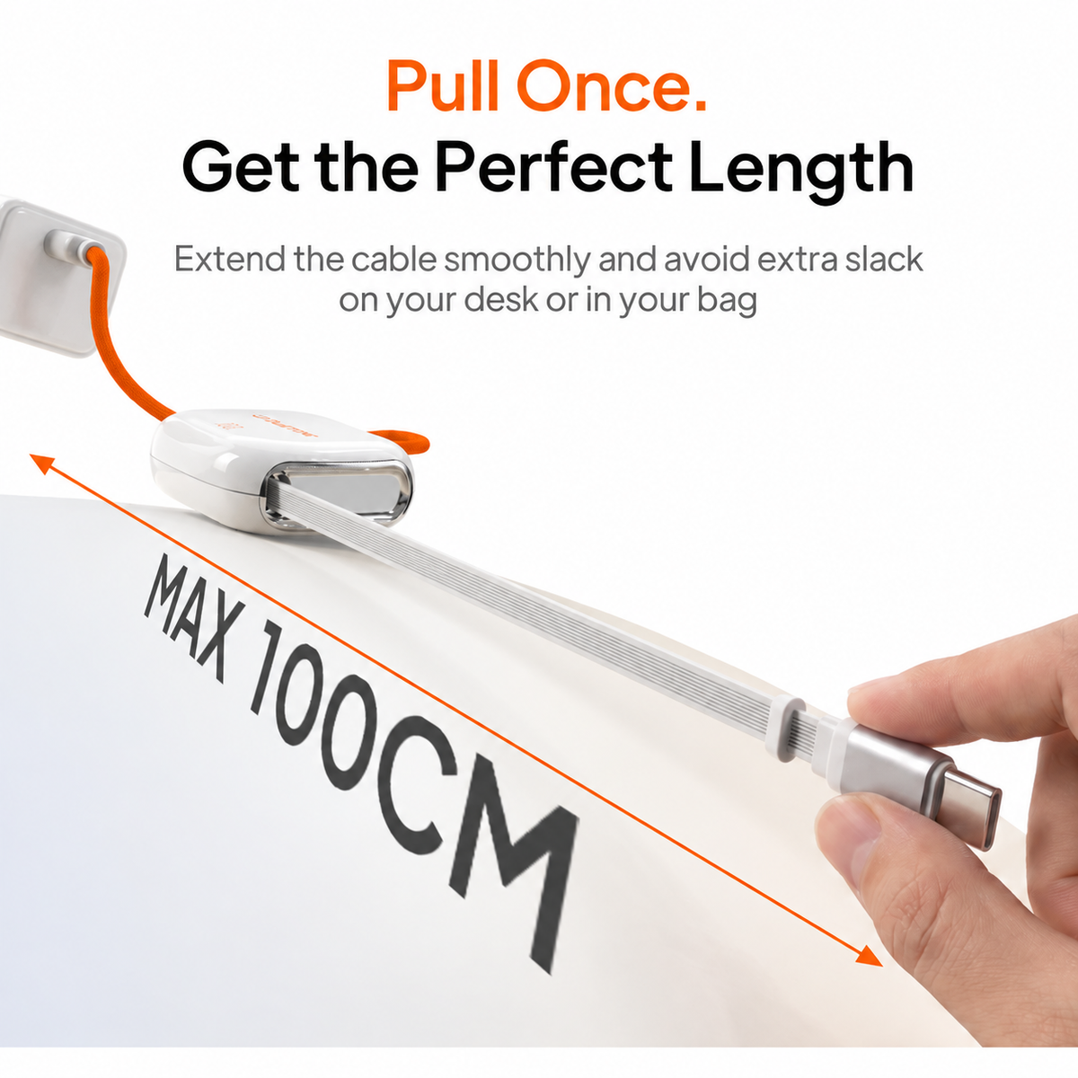 Hand extending a white CABLETIME retractable USB-C cable beside a USB-C wall charger.