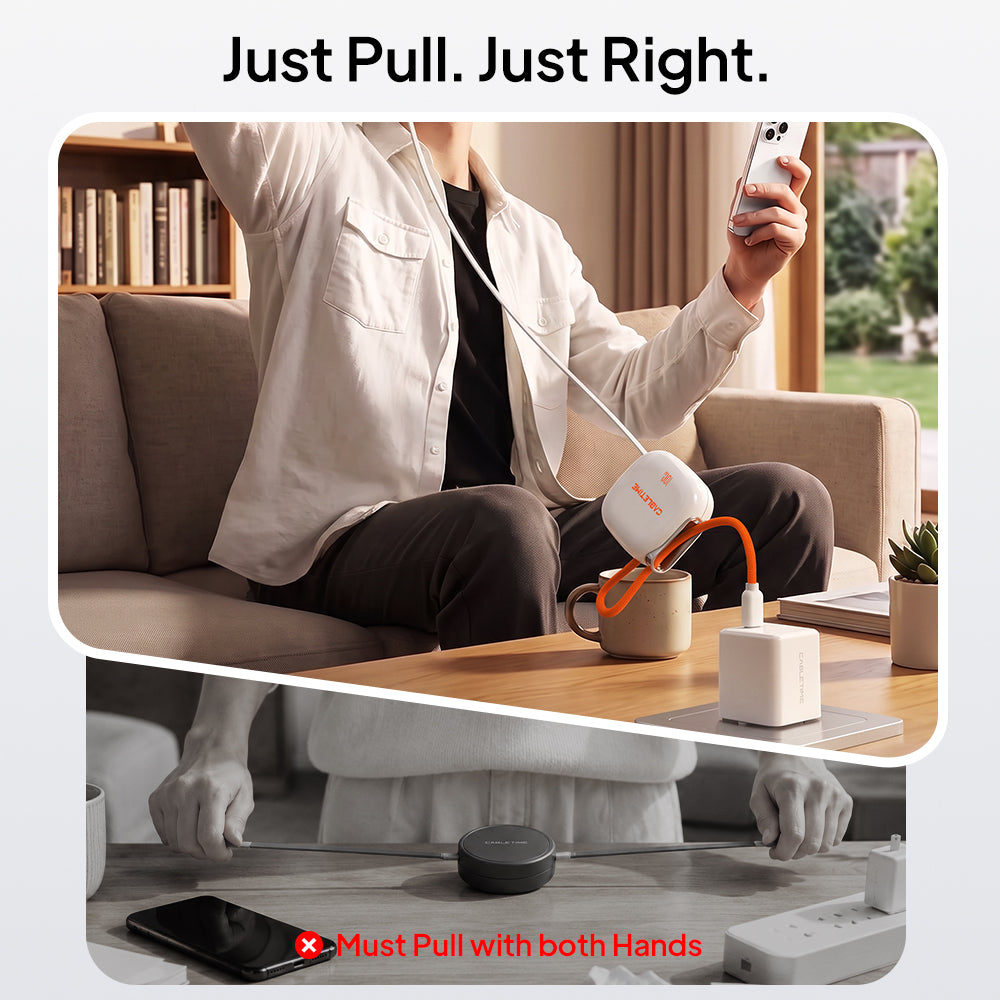 Retractable USB-C cable charging a phone beside a sofa, with a comparison to a two-ended retractable cable.