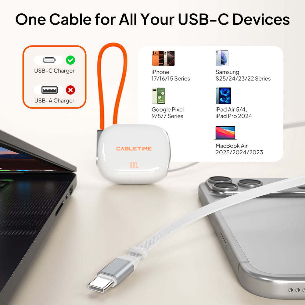 USB-C charging compatibility guide for CABLETIME retractable cable, showing USB-C devices and a USB-C charger requirement.