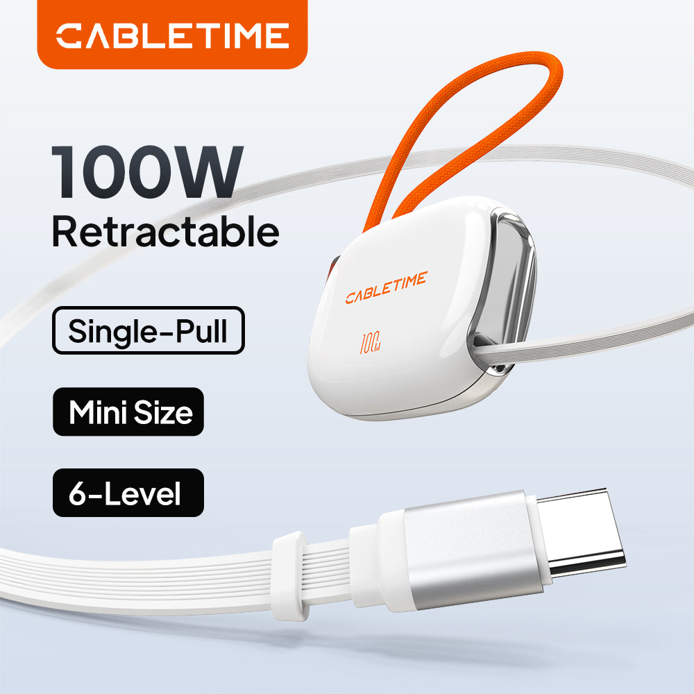 White 100W USB-C retractable cable showing the USB-C connector, compact housing and orange carry loop.