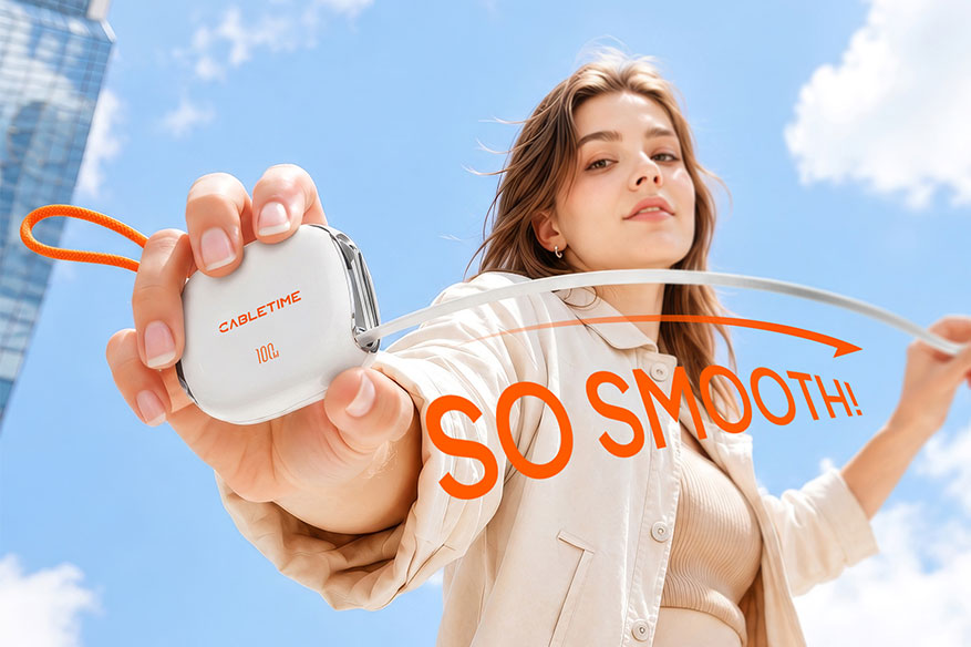 Person pulling the adjustable side of the white CABLETIME retractable USB-C cable outdoors.