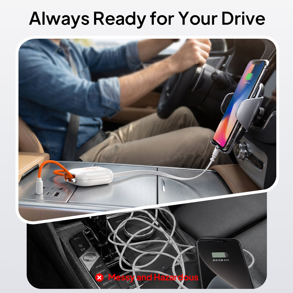 Retractable USB-C cable charging a phone in a car with the cable stored on the center console.