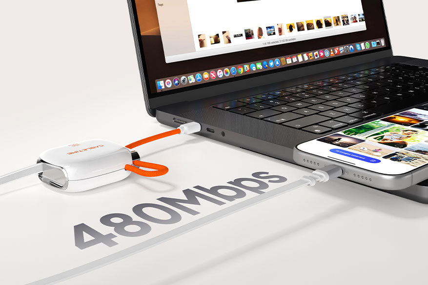 CABLETIME retractable USB-C cable connected between a laptop and phone for 480Mbps data transfer.