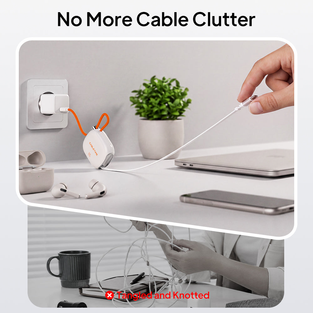 Single-pull retractable USB-C cable keeping a laptop charging setup organized on a desk.