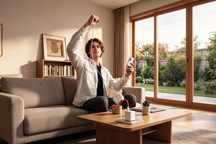 Person extending a retractable USB-C charging cable beside a sofa.