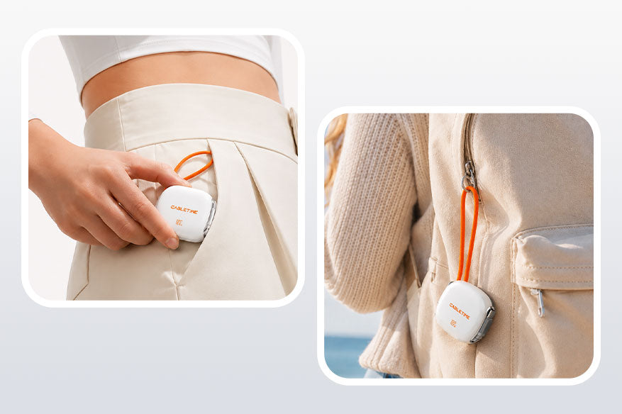 White retractable USB-C cable carried at a pocket and attached to a bag using its orange loop.