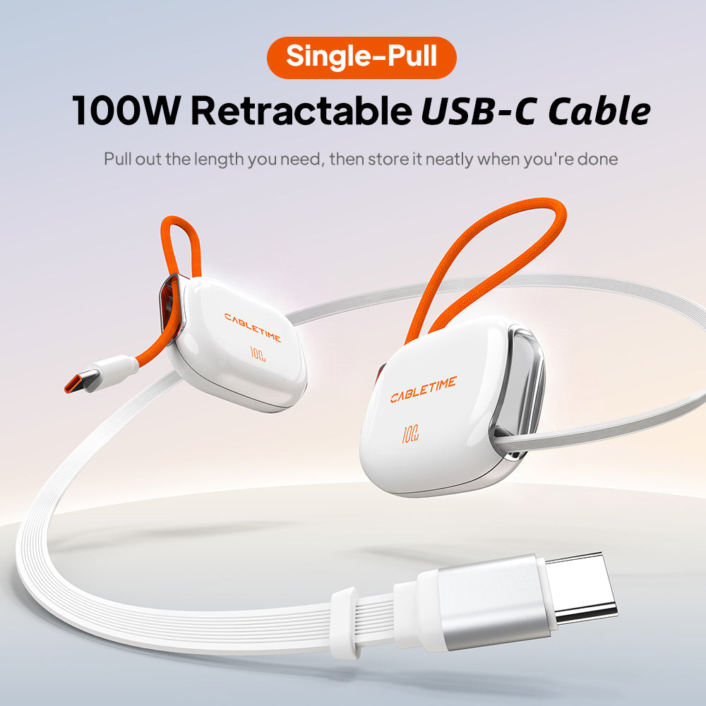CABLETIME USB-C cable shown stored and extended with its single-pull retractable design.