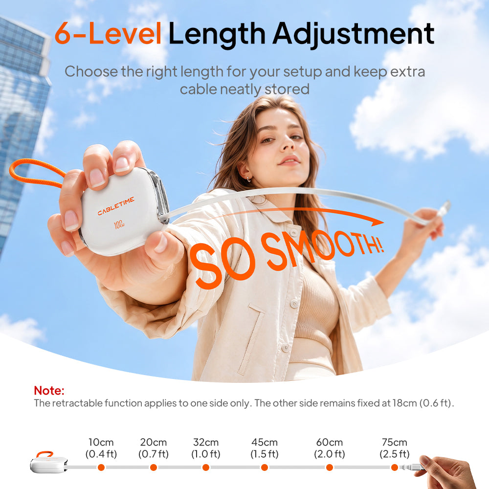 Six adjustable pull lengths from 10cm to 75cm with a fixed 18cm side on the CABLETIME cable.