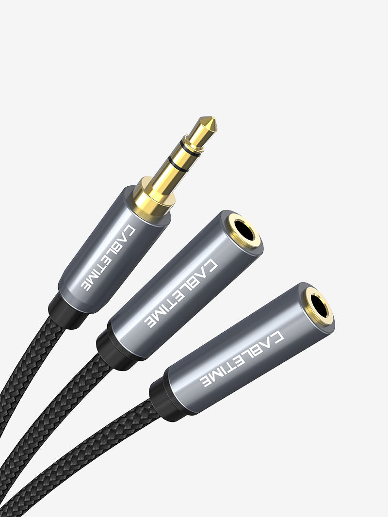 CABLETIME 3.5mm male to dual RCA female audio Y adapter connector view