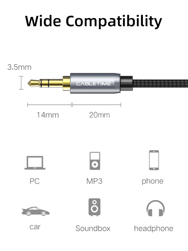 CABLETIME 3.5mm Male to Female AUX Audio Extension Cable, Gold-Plated Nylon Braided Stereo Extension Cable | CT-AV311-P11F-SG — product details