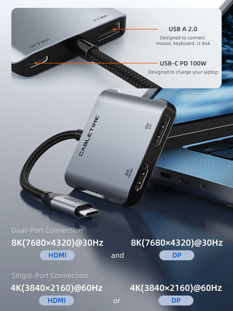 Adaptador 8K USB C para HDMI DP Dual 4K