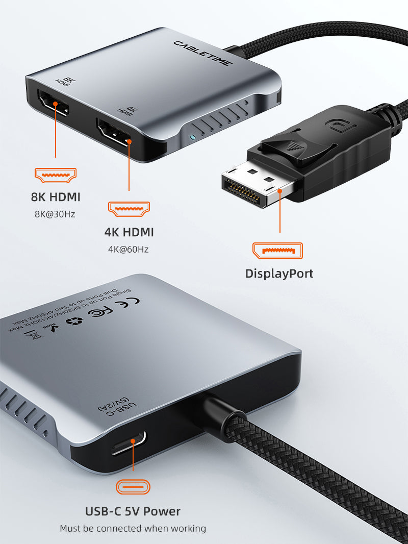 CABLETIME DisplayPort to Dual HDMI Adapter, Dual 4K@60Hz & 8K@30Hz, MST | CT-DM2H8K-AG feature 2