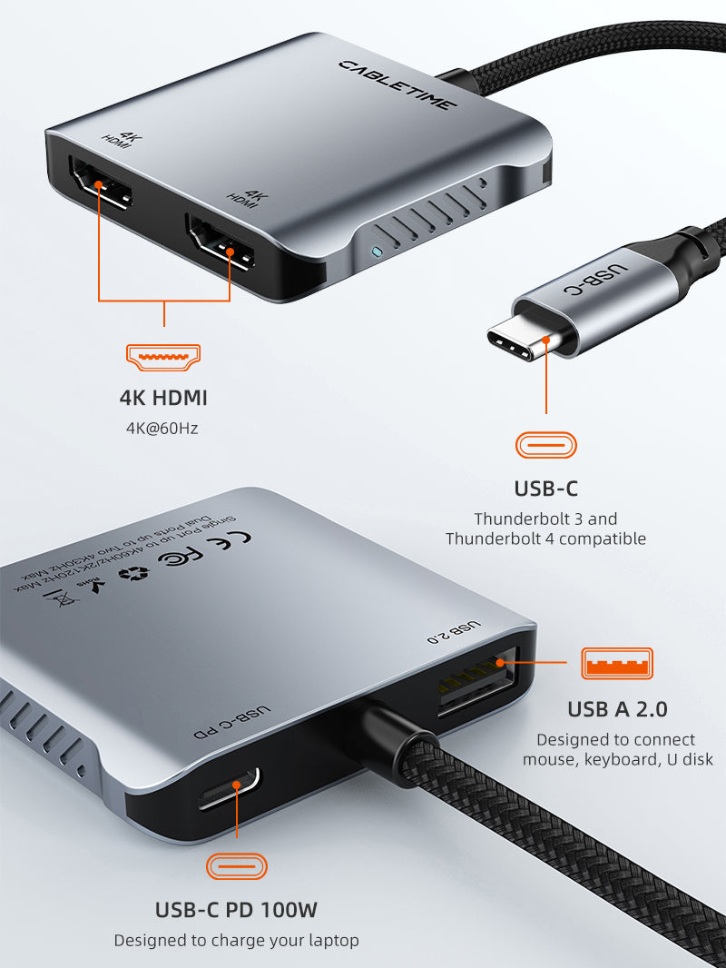4K 60Hz MST USB C to Dual HDMI Hub 