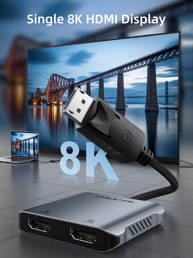 8K DisplayPort til dobbelt HDMI adapter til 4K dobbelt skærm