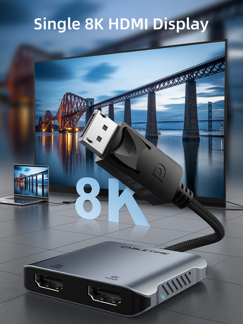 CABLETIME DisplayPort to Dual HDMI Adapter, Dual 4K@60Hz & 8K@30Hz, MST | CT-DM2H8K-AG feature 3