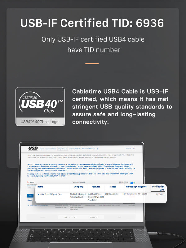 USB-IF Certified CABLETIME USB4 Cable