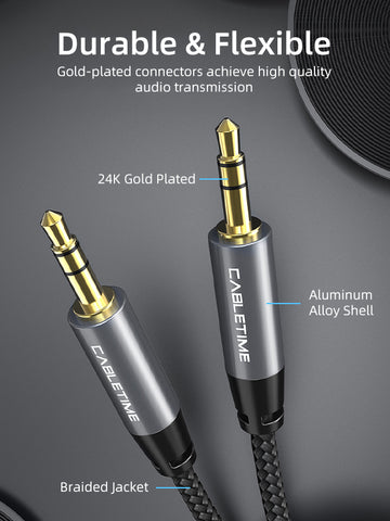 CABLETIME 3.5 MM Male To Male Stereo Audio Aux Cable wih 24K Gold Plated, aluminum alloy shell