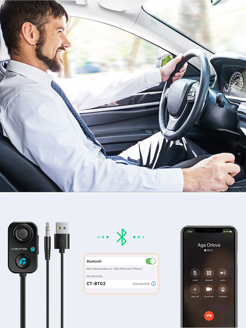 Aux to Bluetooth Receiver for Car - SOOMFON Bluetooth 5.1 Adapter 3.5 mm  Bluetooth Adapter for Car with Built-in Microphone for Hands-Free Car Kits