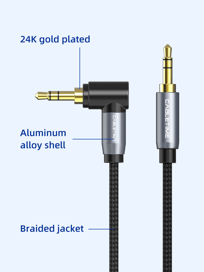 CABLETIME 3.5MM 90 Degree Right Angle Audio Aux Cable Cord with 24K gold plated/Aluminum alloy shell