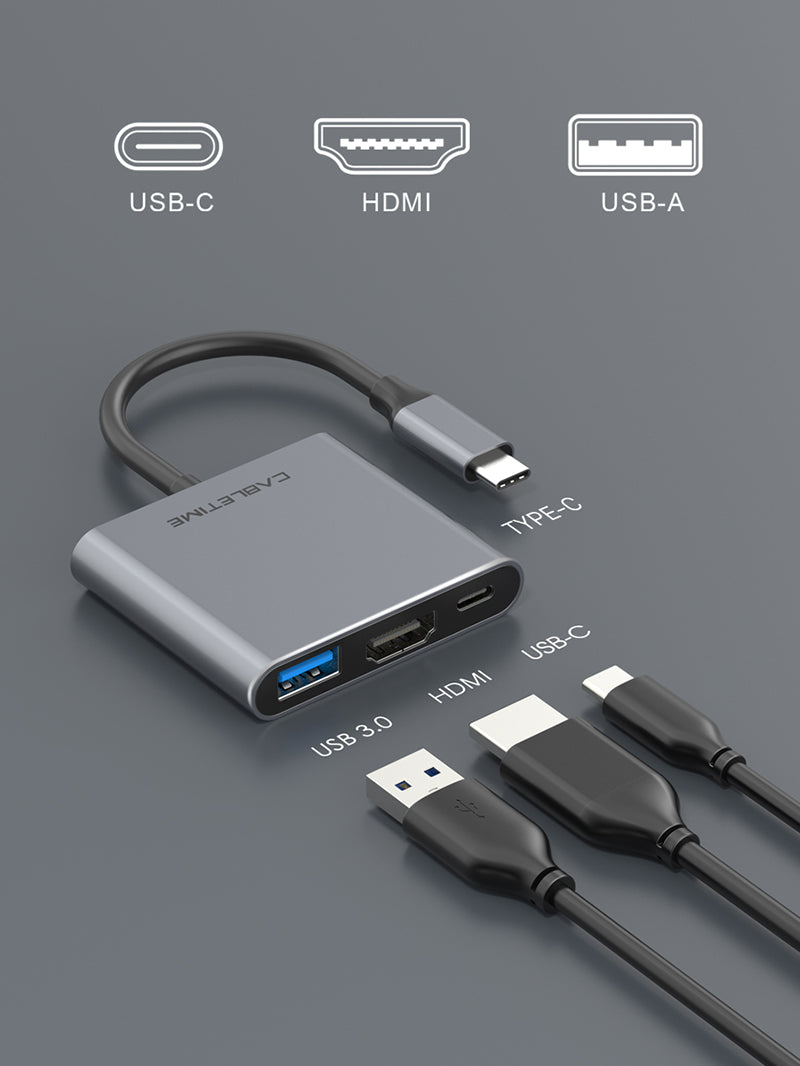 3en1 Type-C Vers 4K HDMI USB 3.0 USB-C Adaptateur Argent