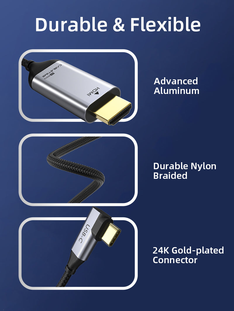 CABLETIME USB-C to HDMI Cable 4K 60hz Right Angle with Advanced Aluminum shell Durable Nylon Braided